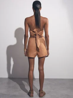 Reiss Brown Bay Linen Halterneck Cut Out Playsuit