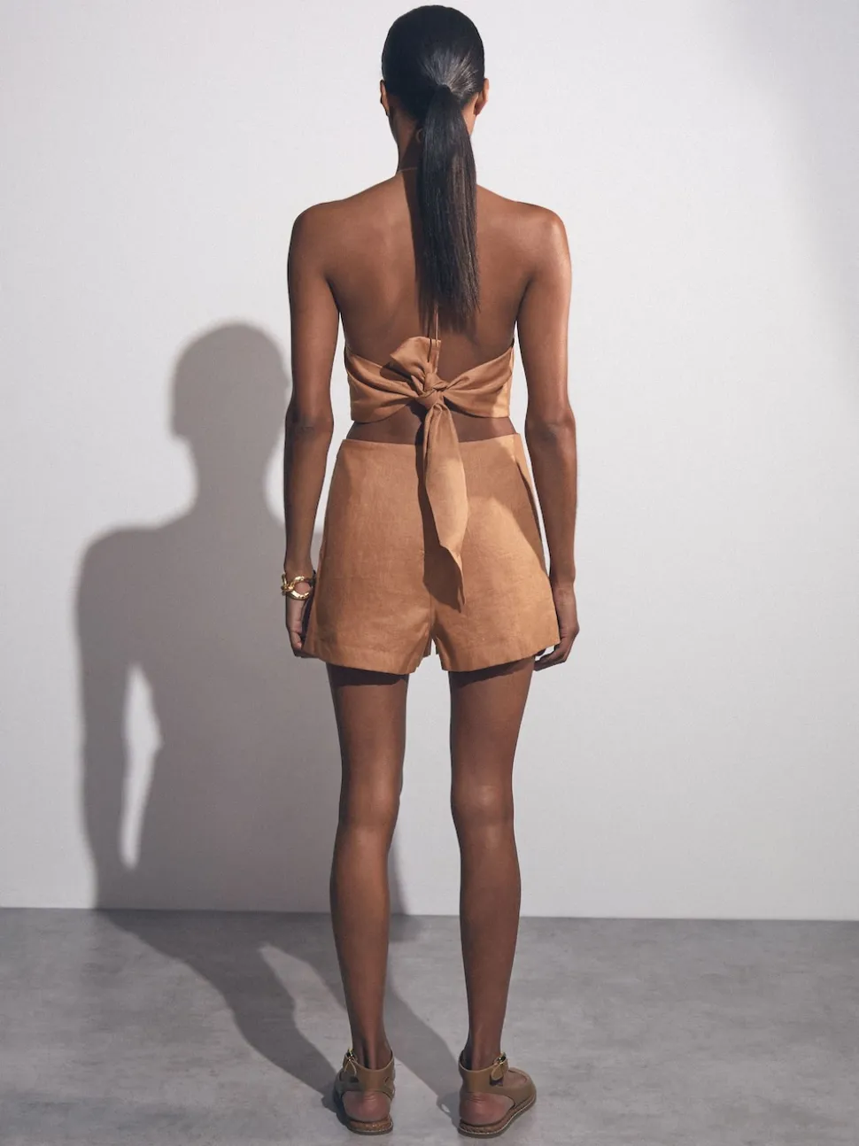 Reiss Brown Bay Linen Halterneck Cut Out Playsuit