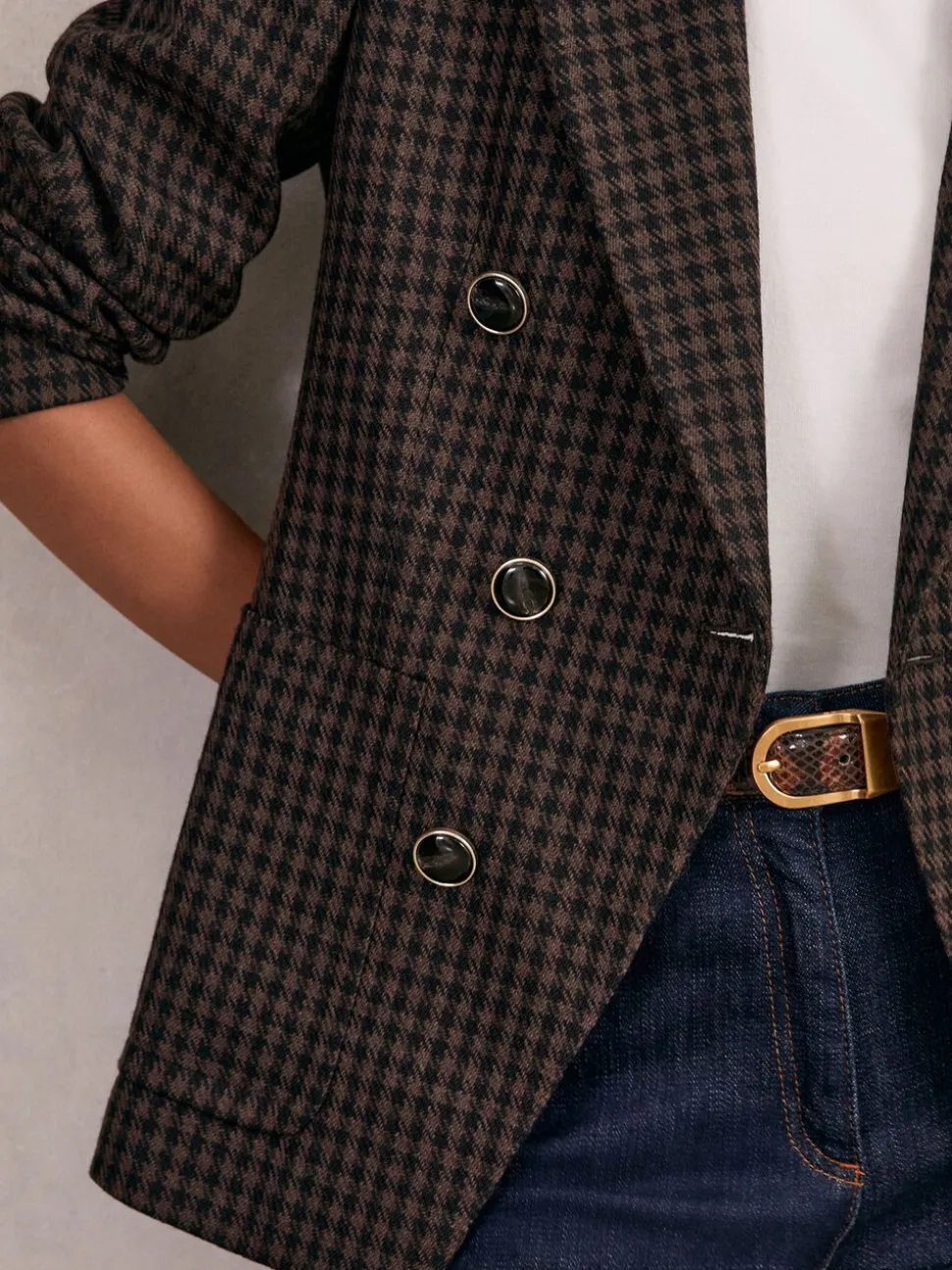 Reiss Brown Check Ayla Wool-Blend Double-Breasted Check Blazer