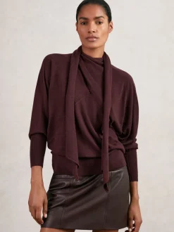 Reiss Burgundy Alexis Wool Scarf-Tie Draped Jumper