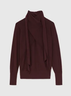 Reiss Burgundy Alexis Wool Scarf-Tie Draped Jumper