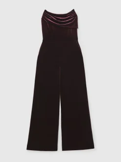 Reiss Burgundy Andria Petite Velvet Drape Strapless Jumpsuit