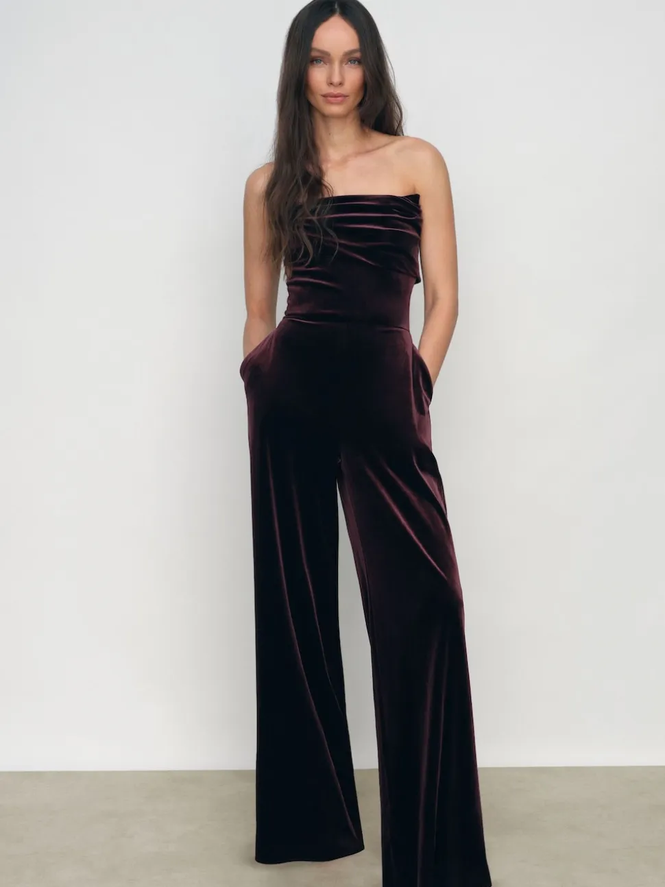 Reiss Burgundy Andria Petite Velvet Drape Strapless Jumpsuit