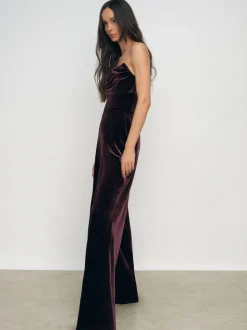 Reiss Burgundy Andria Petite Velvet Drape Strapless Jumpsuit