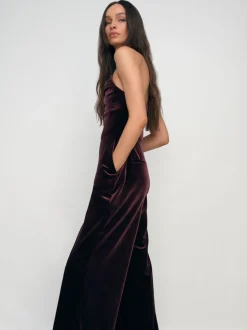 Reiss Burgundy Andria Petite Velvet Drape Strapless Jumpsuit