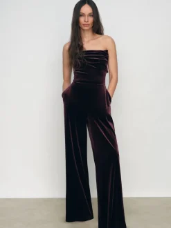 Reiss Burgundy Andria Velvet Drape Strapless Jumpsuit