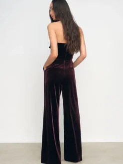 Reiss Burgundy Andria Velvet Drape Strapless Jumpsuit