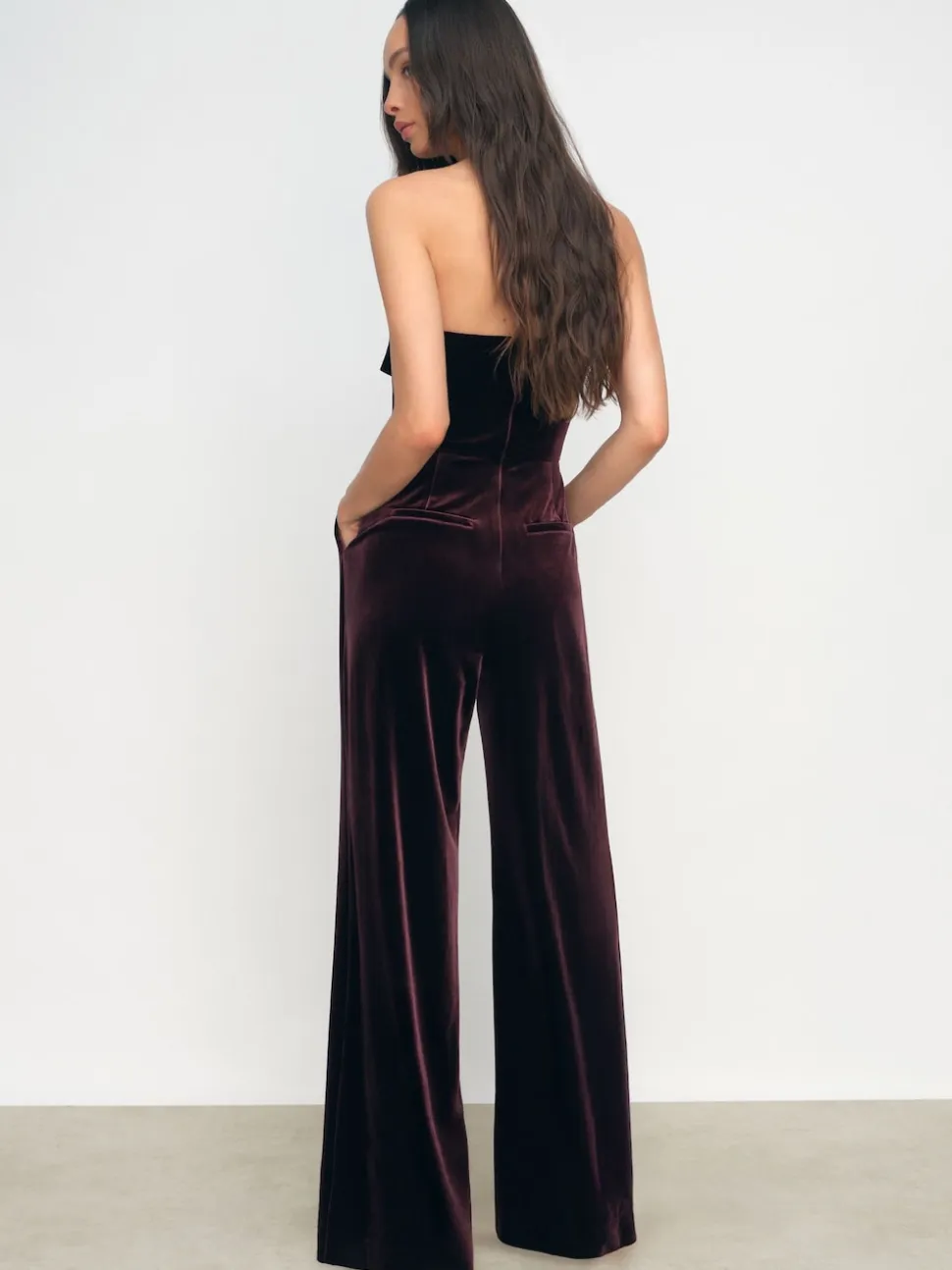 Reiss Burgundy Andria Velvet Drape Strapless Jumpsuit