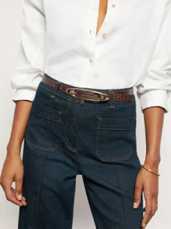 Reiss Burgundy Croc-Effect Evelina Leather Oval-Buckle Belt