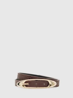 Reiss Burgundy Croc-Effect Evelina Leather Oval-Buckle Belt