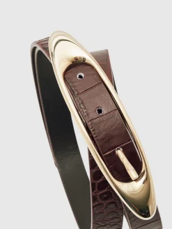 Reiss Burgundy Croc-Effect Evelina Leather Oval-Buckle Belt