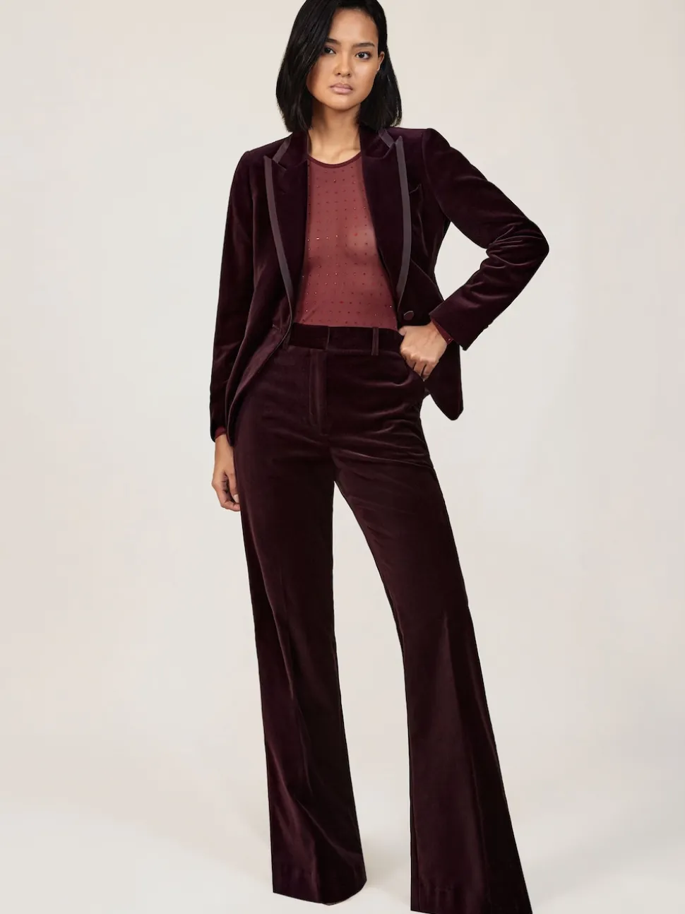 Reiss Burgundy Elia Petite Velvet Tuxedo-Stripe Flared Trousers