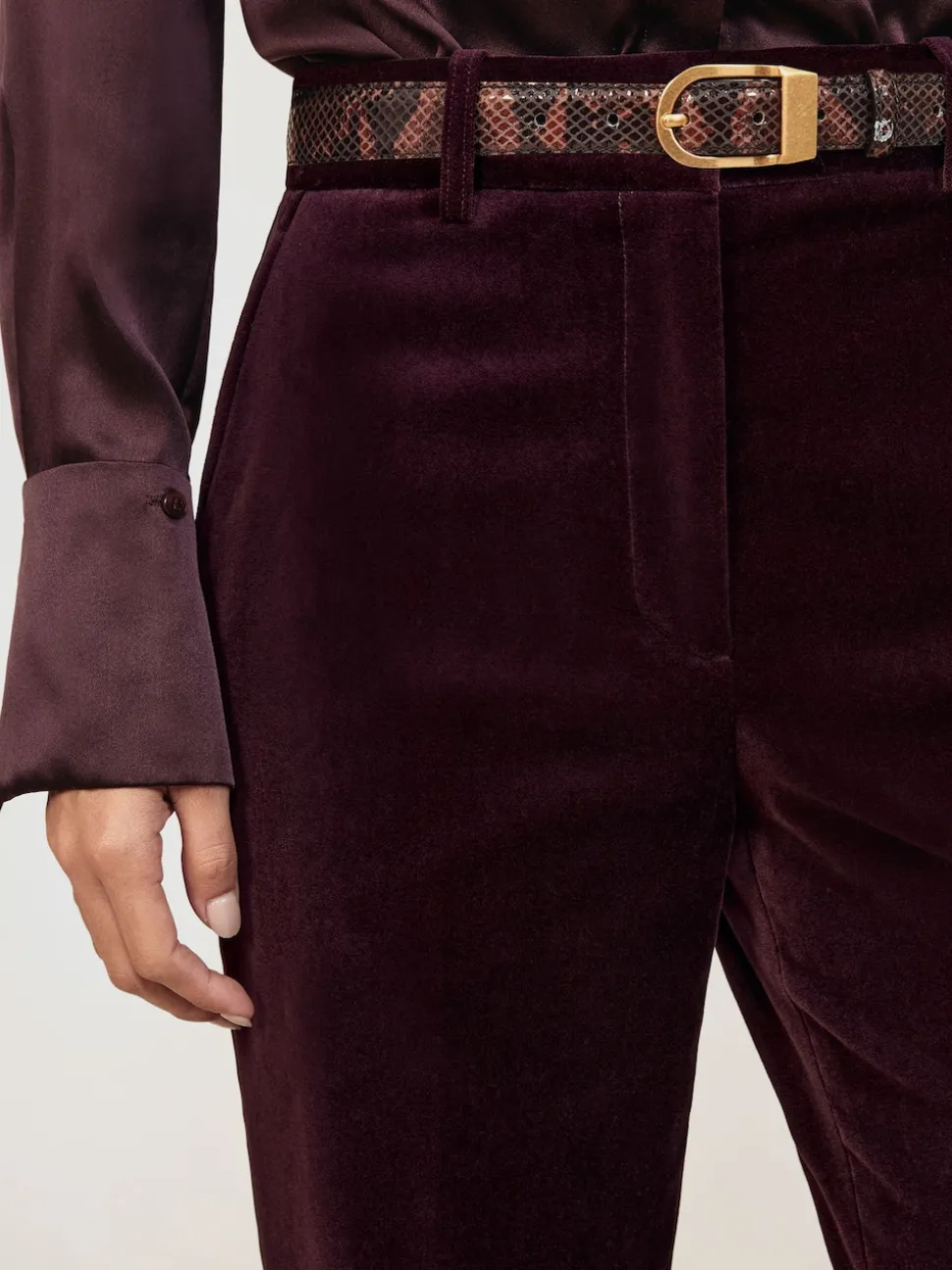 Reiss Burgundy Elia Petite Velvet Tuxedo-Stripe Flared Trousers