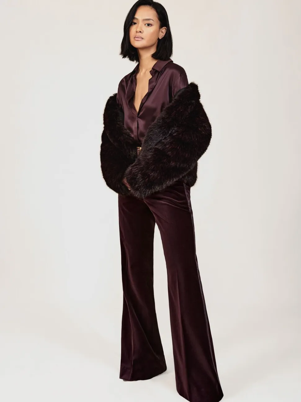 Reiss Burgundy Elia Petite Velvet Tuxedo-Stripe Flared Trousers