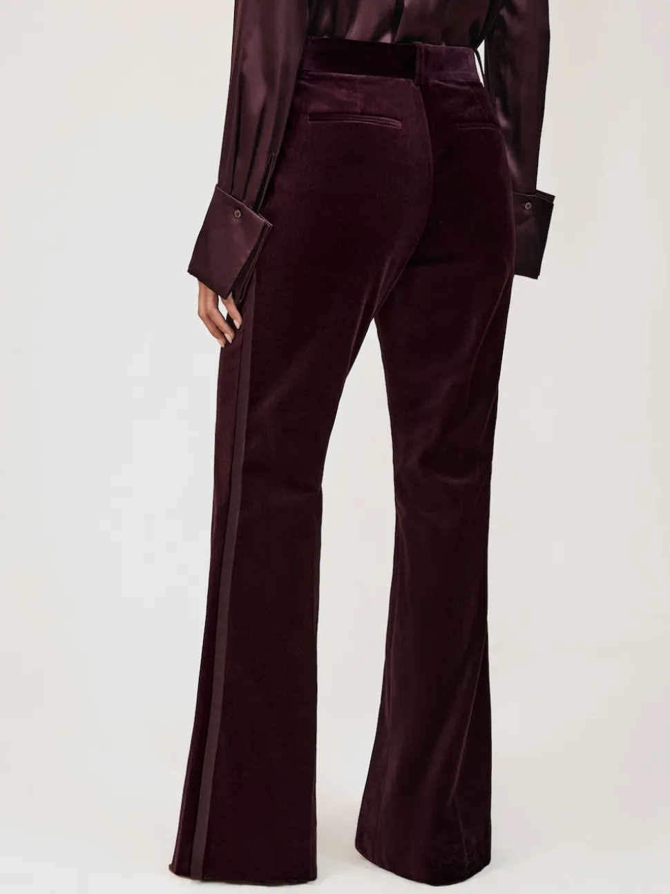 Reiss Burgundy Elia Petite Velvet Tuxedo-Stripe Flared Trousers