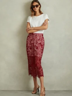 Reiss Burgundy Flo Sheer Lace Midi Pencil Skirt