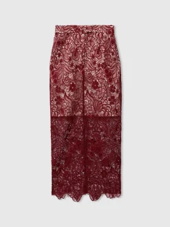 Reiss Burgundy Flo Sheer Lace Midi Pencil Skirt