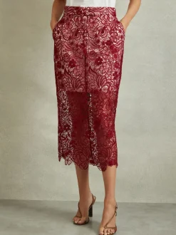 Reiss Burgundy Flo Sheer Lace Midi Pencil Skirt