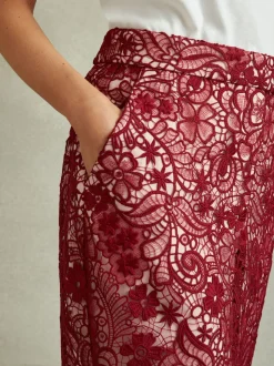 Reiss Burgundy Flo Sheer Lace Midi Pencil Skirt