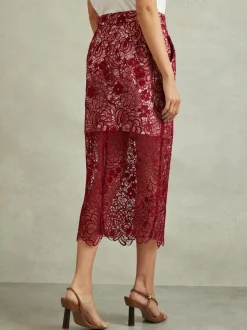 Reiss Burgundy Flo Sheer Lace Midi Pencil Skirt