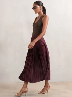 Reiss Burgundy Savannah Pleated Midi Skirt