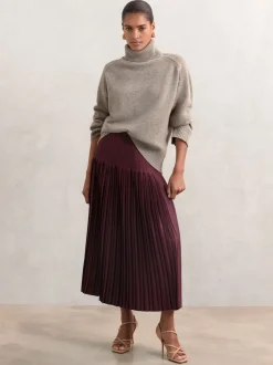 Reiss Burgundy Savannah Pleated Midi Skirt