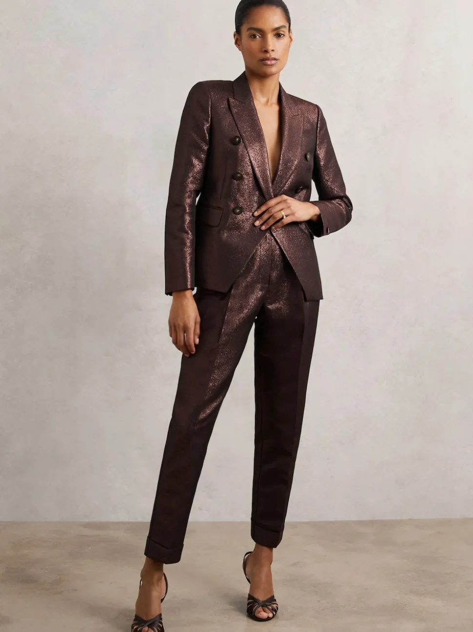 Reiss Burgundy Sienna Double-Breasted Metallic Suit Blazer with Cotton