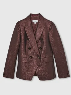 Reiss Burgundy Sienna Petite Double-Breasted Metallic Suit Blazer with Cotton