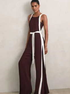 Reiss Burgundy/Cream Salma Colourblock Wide Leg Belted Jumpsuit
