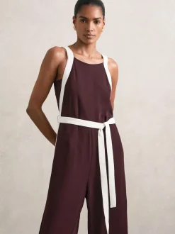 Reiss Burgundy/Cream Salma Colourblock Wide Leg Belted Jumpsuit