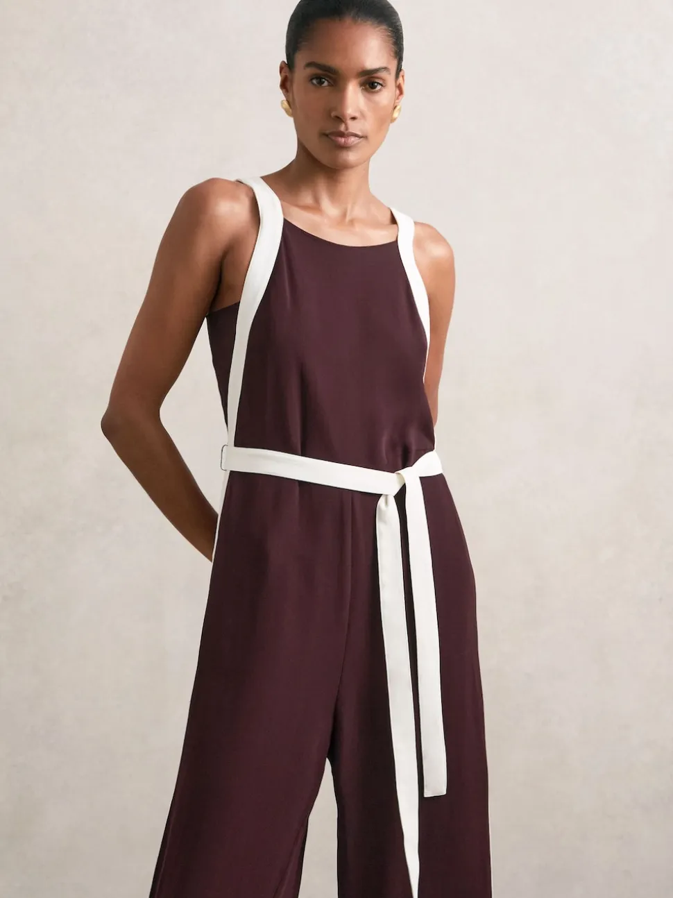 Reiss Burgundy/Cream Salma Colourblock Wide Leg Belted Jumpsuit