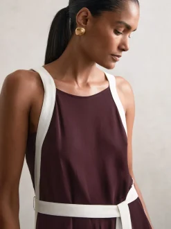 Reiss Burgundy/Cream Salma Colourblock Wide Leg Belted Jumpsuit