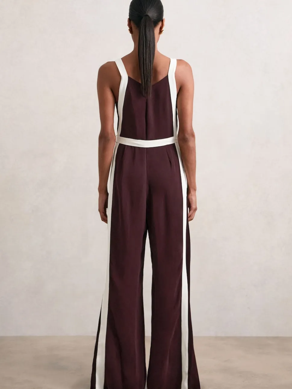 Reiss Burgundy/Cream Salma Colourblock Wide Leg Belted Jumpsuit