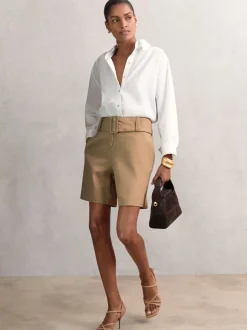 Reiss Camel Harper Cotton-Blend Belted Shorts With Linen