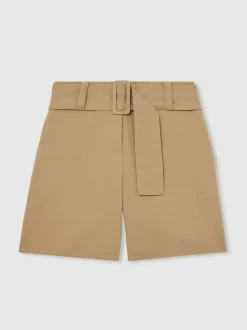 Reiss Camel Harper Cotton-Blend Belted Shorts With Linen