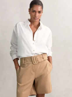 Reiss Camel Harper Cotton-Blend Belted Shorts With Linen
