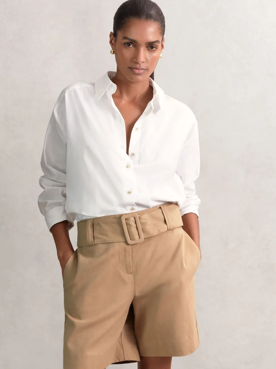 Reiss Camel Harper Cotton-Blend Belted Shorts With Linen