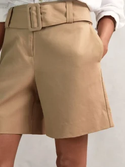 Reiss Camel Harper Cotton-Blend Belted Shorts With Linen