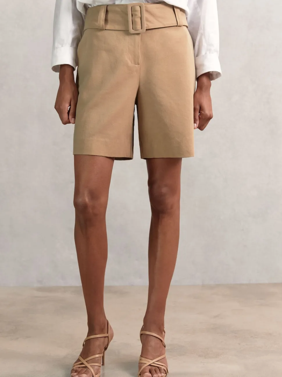 Reiss Camel Harper Cotton-Blend Belted Shorts With Linen