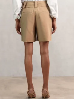 Reiss Camel Harper Cotton-Blend Belted Shorts With Linen