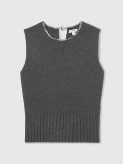 Reiss Charcoal Grey Nina Wool-Blend Necklace-Trim Knitted Vest