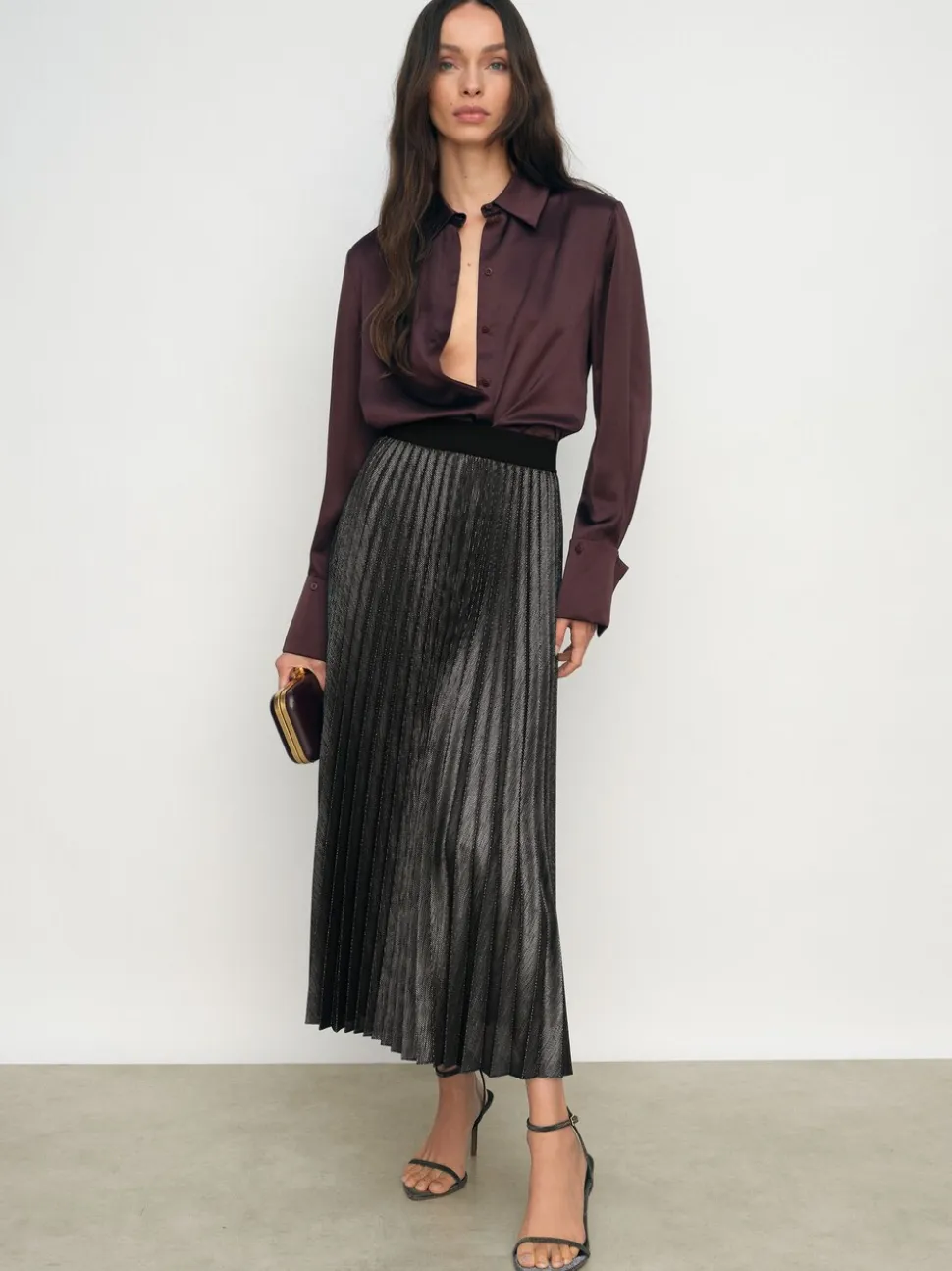 Reiss Charcoal Grey Taylor Metallic Pleated Midi Skirt
