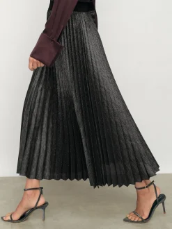Reiss Charcoal Grey Taylor Metallic Pleated Midi Skirt