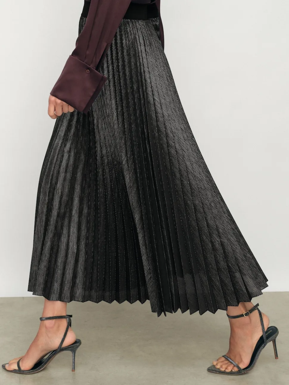 Reiss Charcoal Grey Taylor Metallic Pleated Midi Skirt