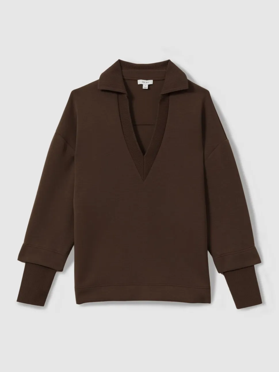 Reiss Chocolate Bernie Premium Interlock Open-Collar Sweatshirt