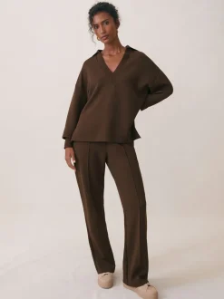 Reiss Chocolate Bernie Premium Interlock Open-Collar Sweatshirt
