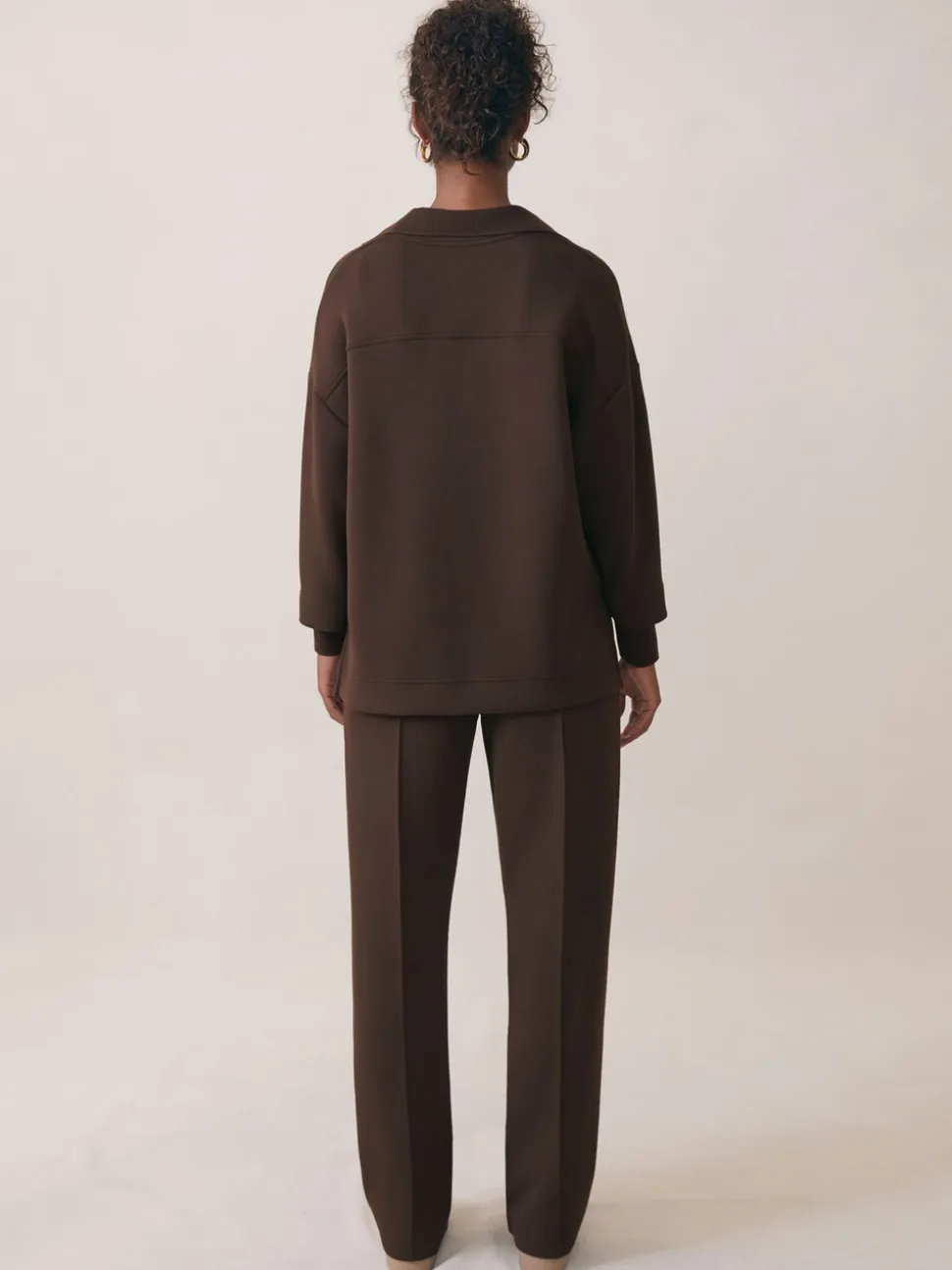 Reiss Chocolate Bernie Premium Interlock Open-Collar Sweatshirt