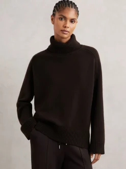 Reiss Chocolate Brown Brooklyn Wool-Cashmere Roll-Neck Jumper
