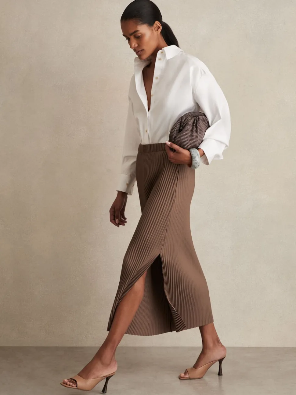 Reiss Chocolate Pippa Pleated Jersey Midi Skirt