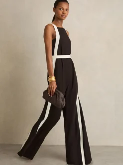 Reiss Chocolate/Cream Salma Colourblock Wide Leg Belted Jumpsuit